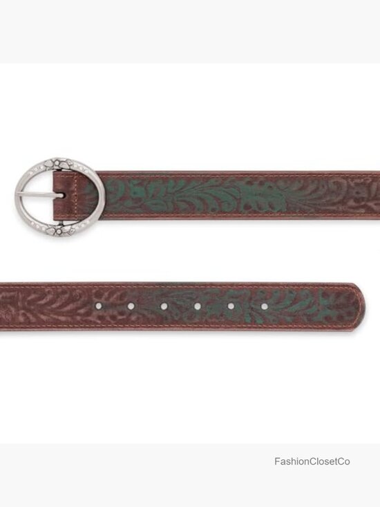 Vintage Western Distressed Embossed Leather Belt with Rhinestone Ring Buckle main image 5